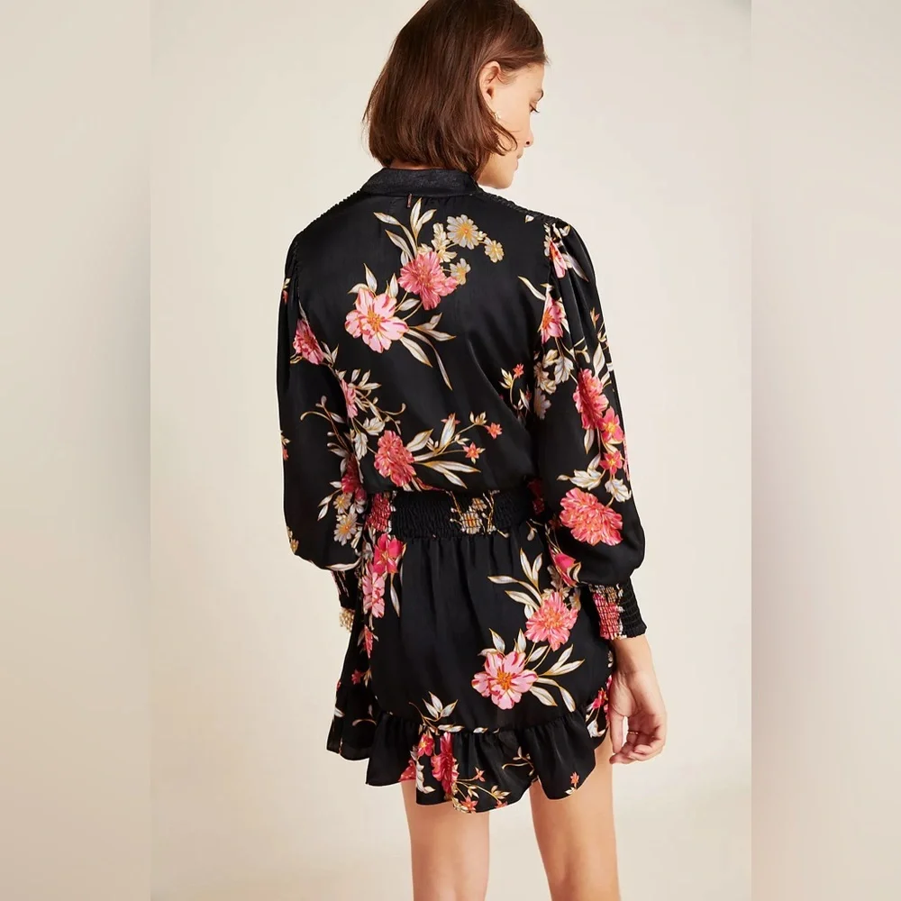 Misa Los Angeles Iyana Tie-Neck Smocked Waist Mini Dress Black Floral Size Large - Picture 3 of 10